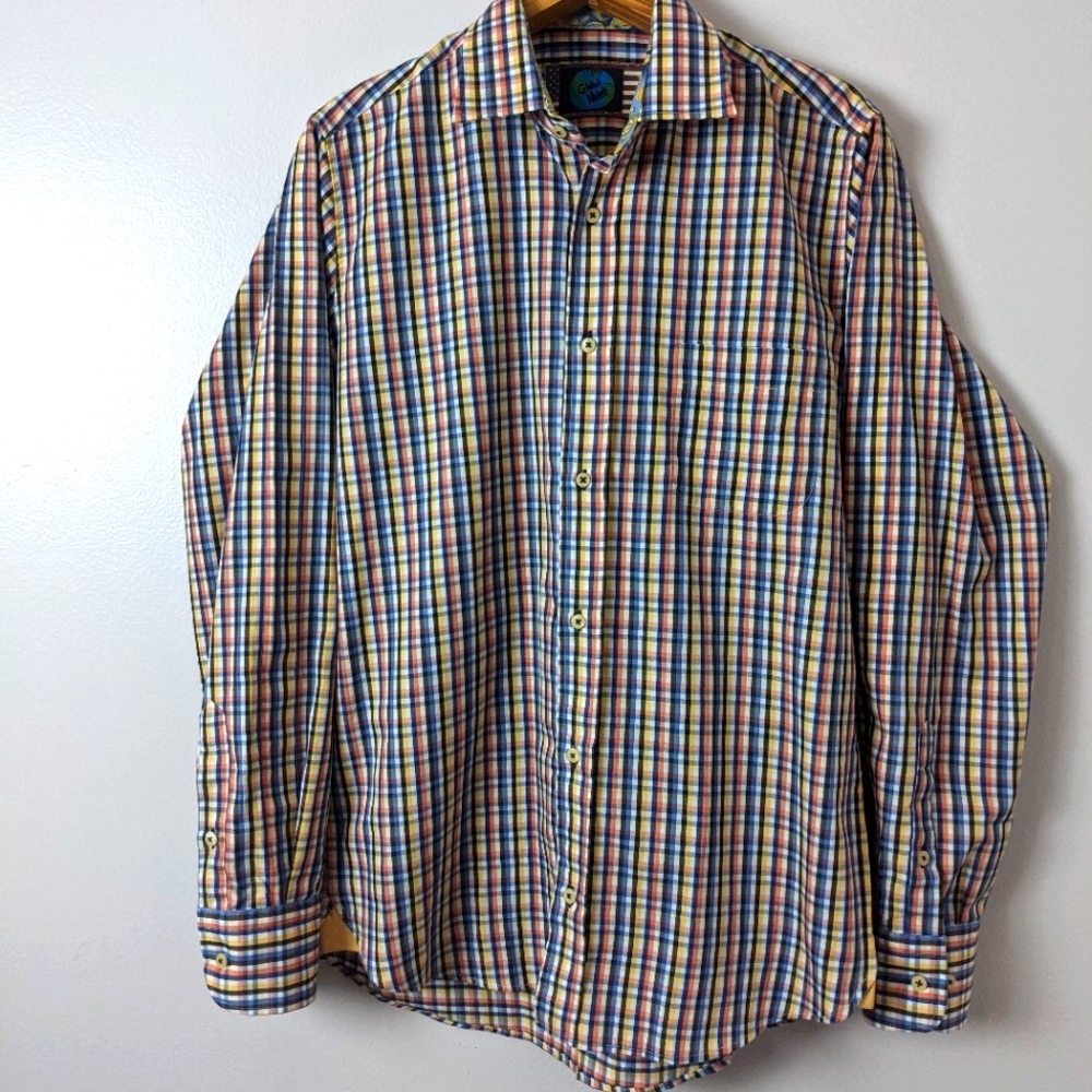 Global Mint Button Down Long Sleeves Plaid Multicolor Medium